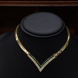 Dior V-Shaped Green Rhinestone Gold-Plated Snake Chain Necklace