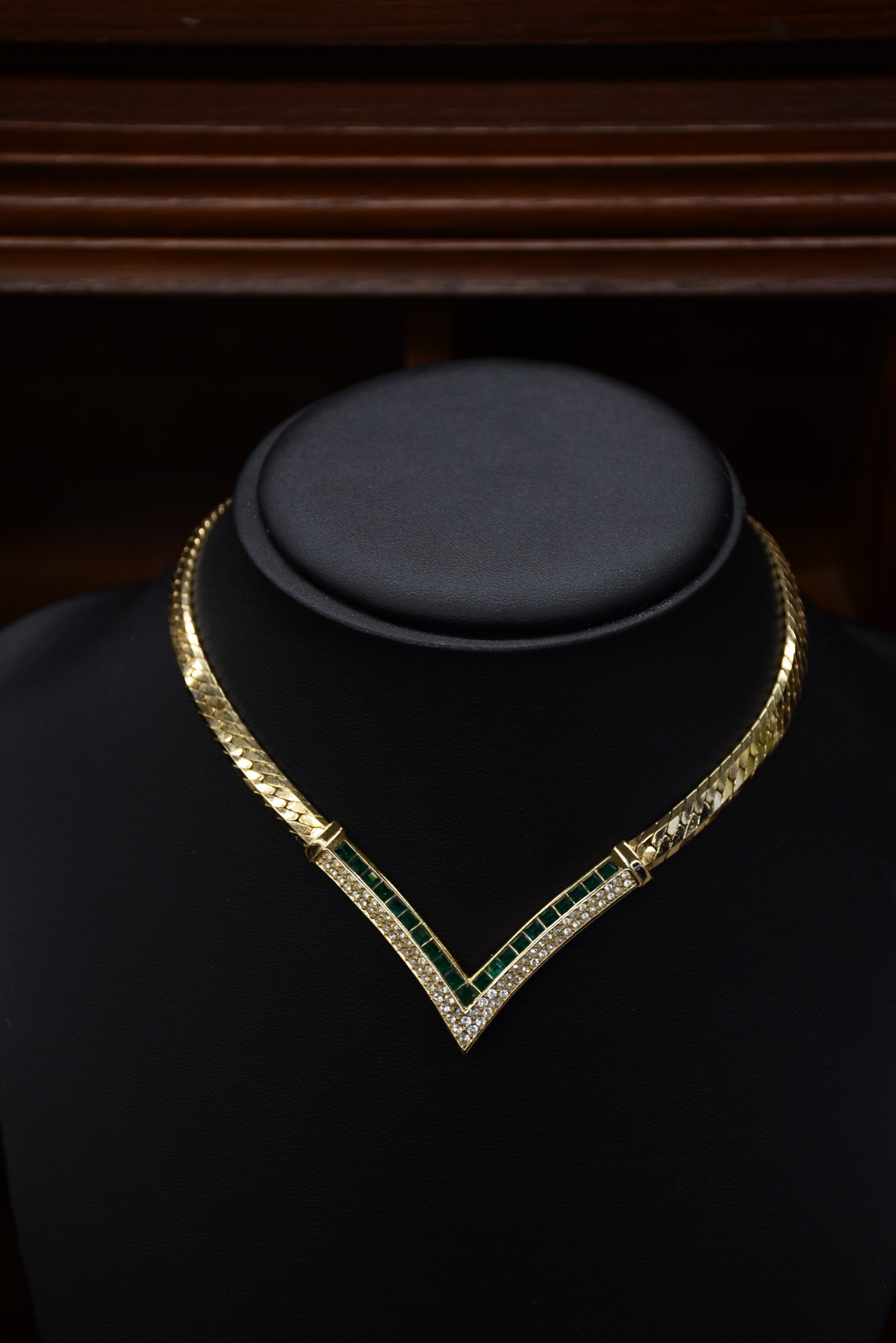 Dior V-Shaped Green Rhinestone Gold-Plated Snake Chain Necklace
