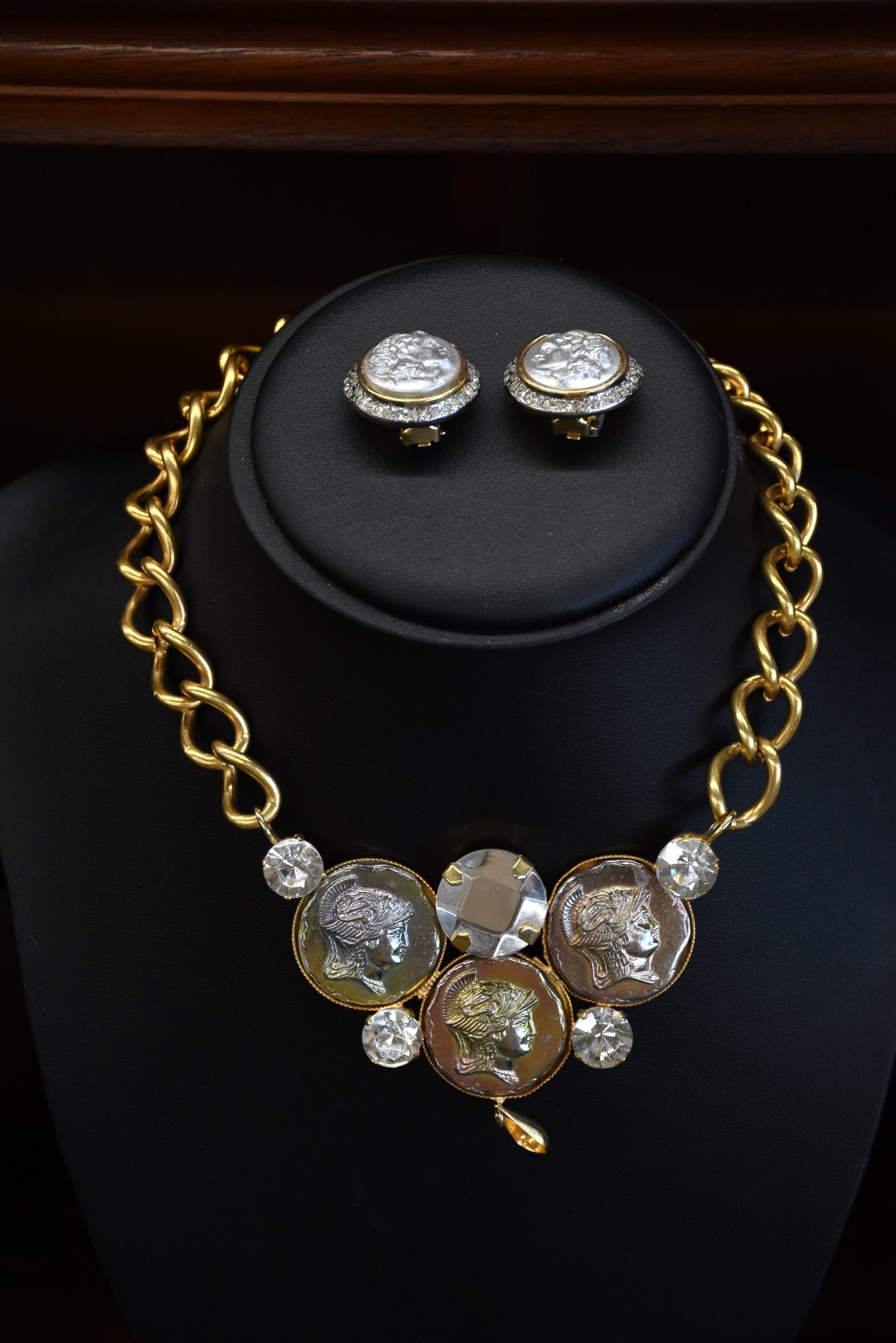 Italian Coin & Rhinestone Jewelry Set Necklace & Clip Earrings - Image 2