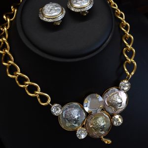 Italian Coin & Rhinestone Jewelry Set Necklace & Clip Earrings