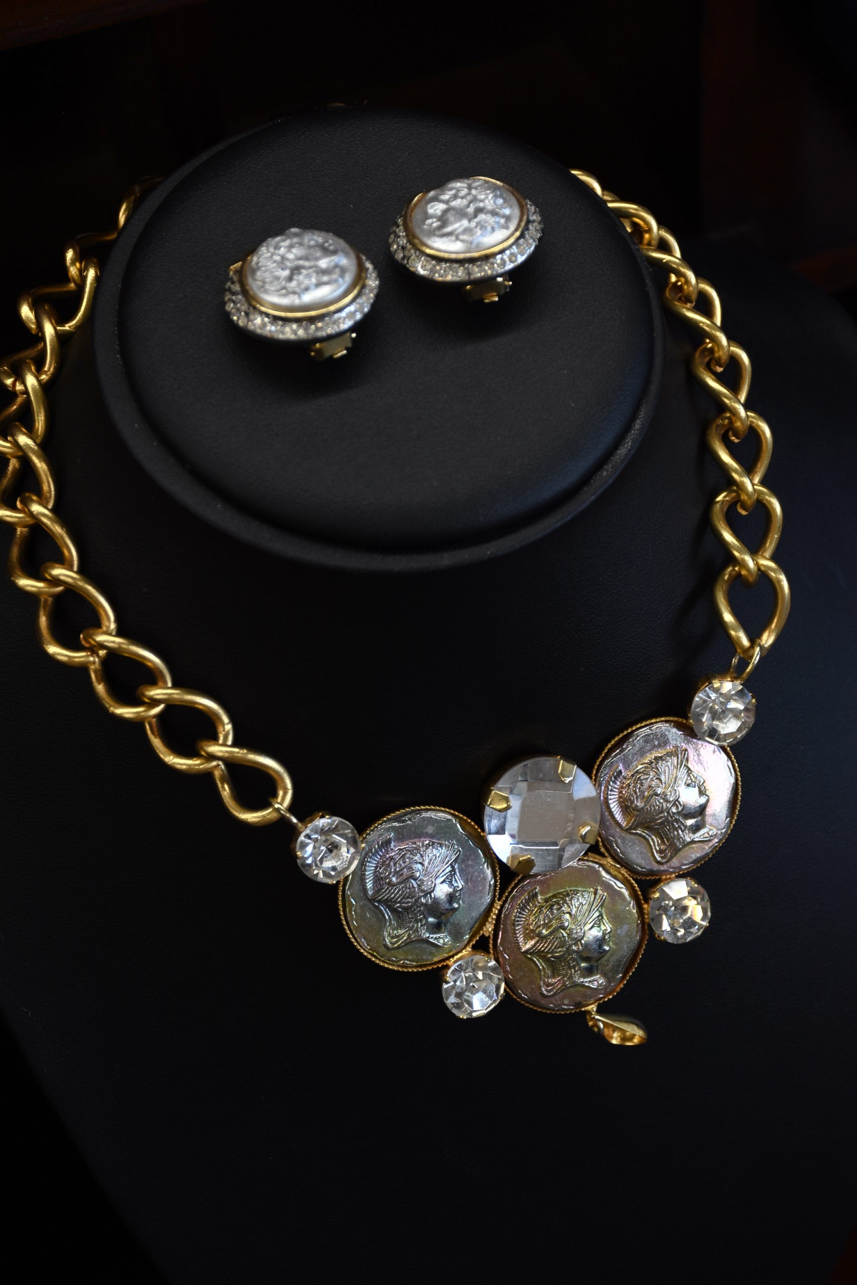 Italian Coin & Rhinestone Jewelry Set Necklace & Clip Earrings