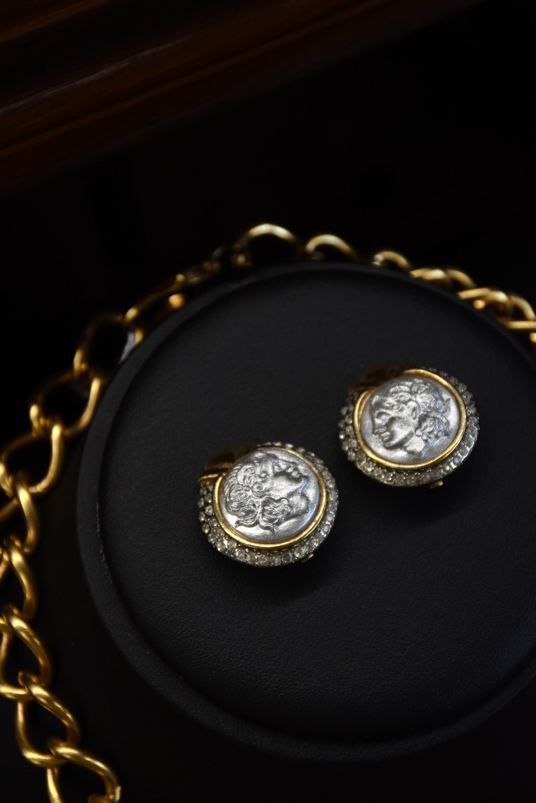 Italian Coin & Rhinestone Jewelry Set Necklace & Clip Earrings - Image 3