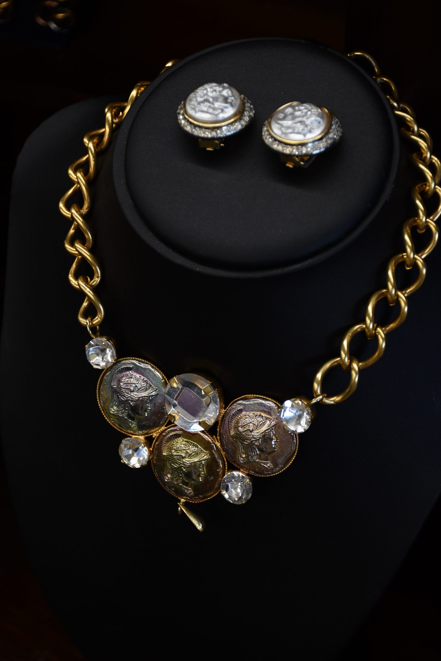 Italian Coin & Rhinestone Jewelry Set Necklace & Clip Earrings - Image 7