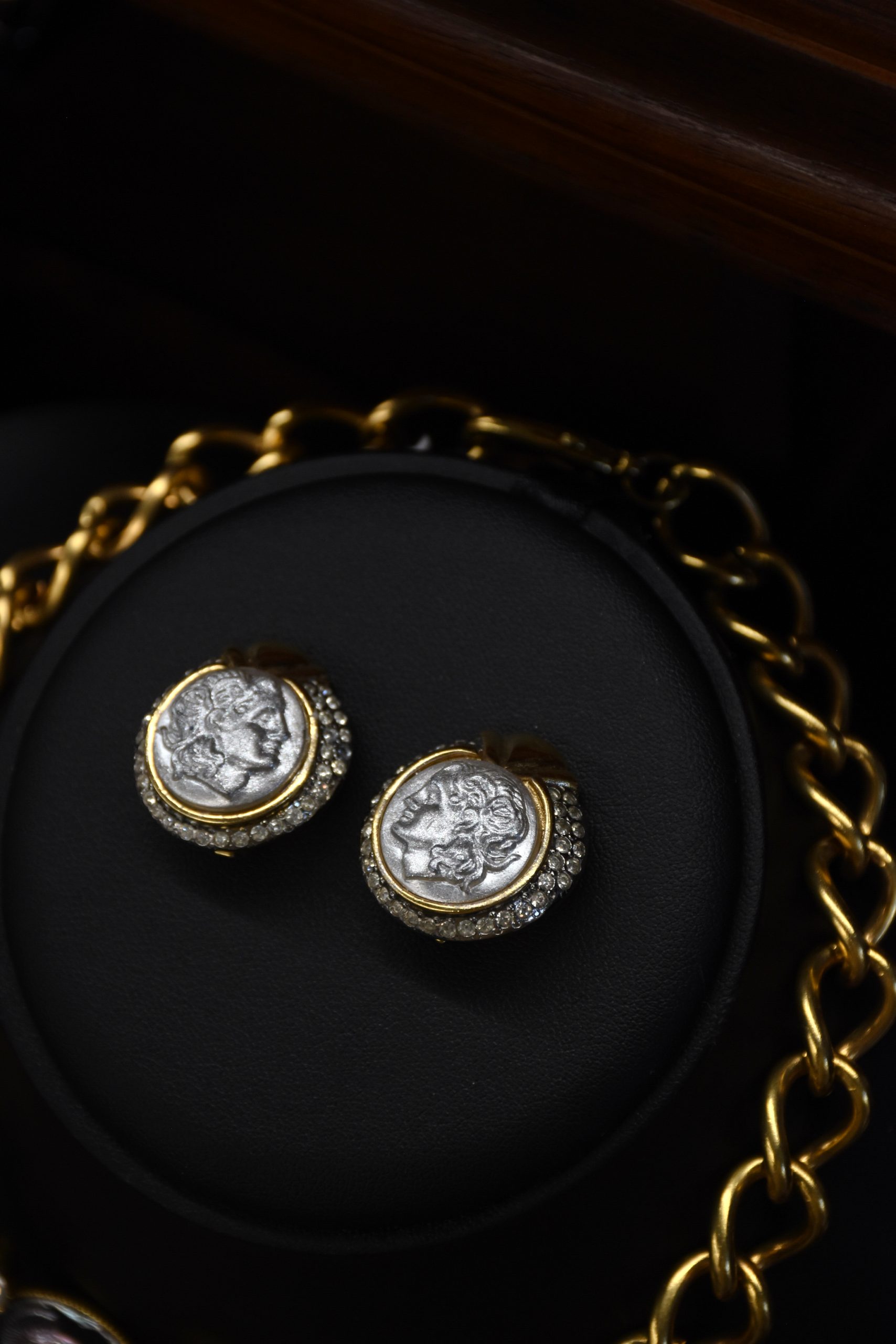 Italian Coin & Rhinestone Jewelry Set Necklace & Clip Earrings - Image 6