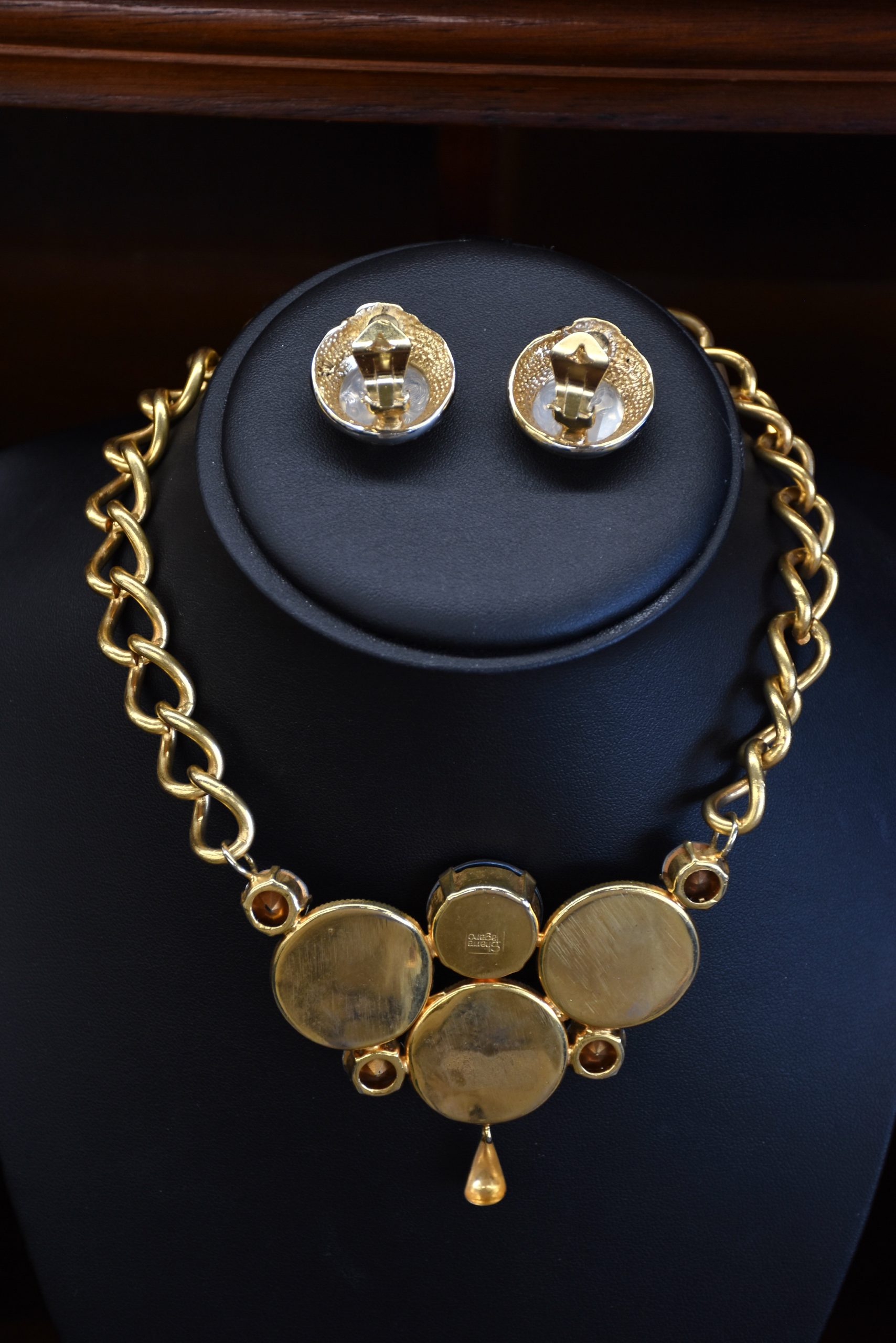 Italian Coin & Rhinestone Jewelry Set Necklace & Clip Earrings - Image 5