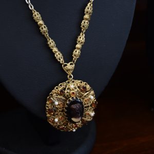 West Germany Molded Glass Cameo Faux Pearl Necklace