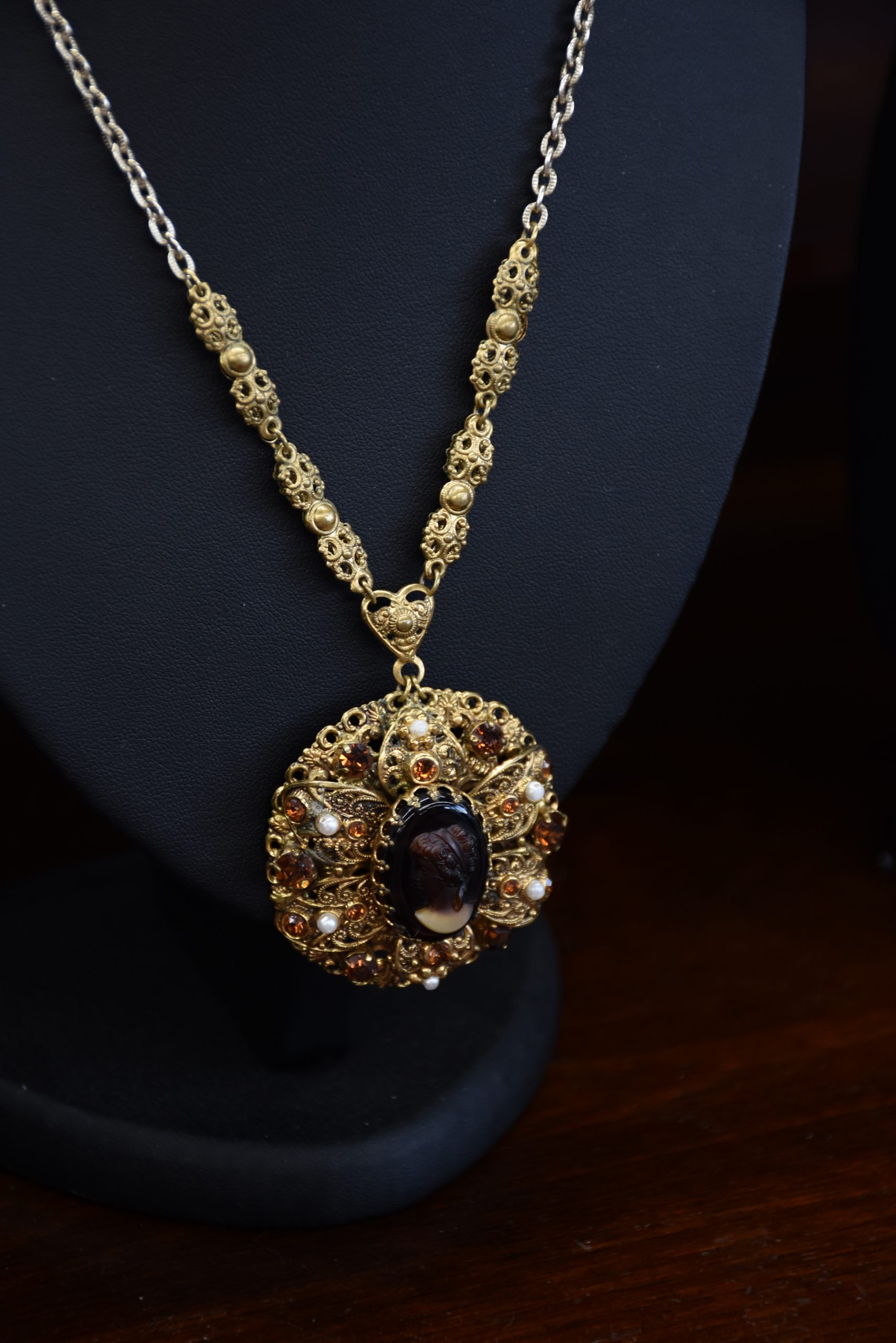 West Germany Molded Glass Cameo Faux Pearl Necklace